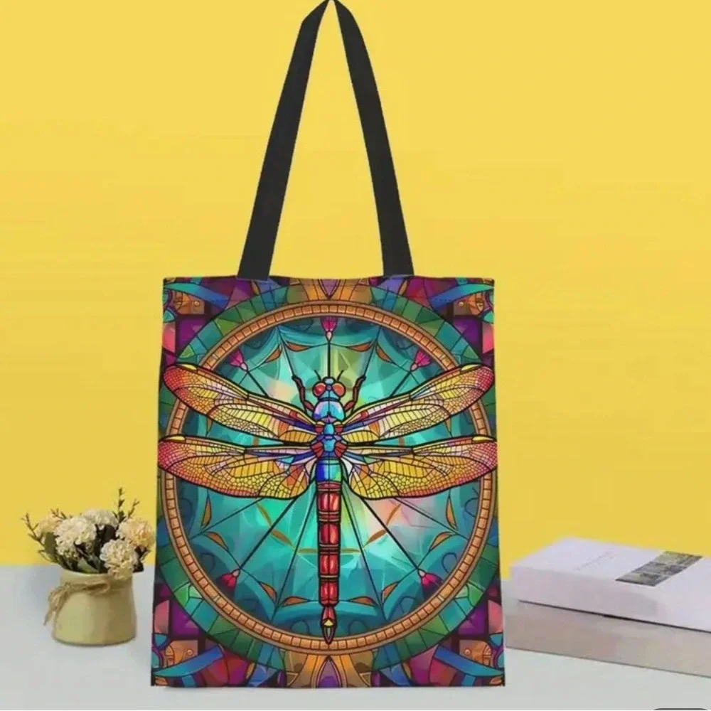 Dragonfly Tote Bag Stained‎ Glass Style Art Print Shoulder Bag Handbag Purse